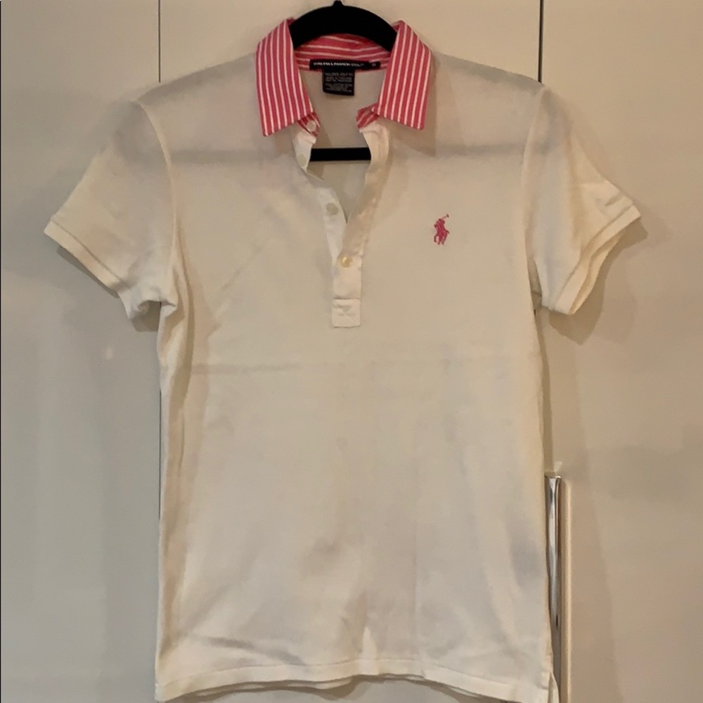 White polo with pink striped collar